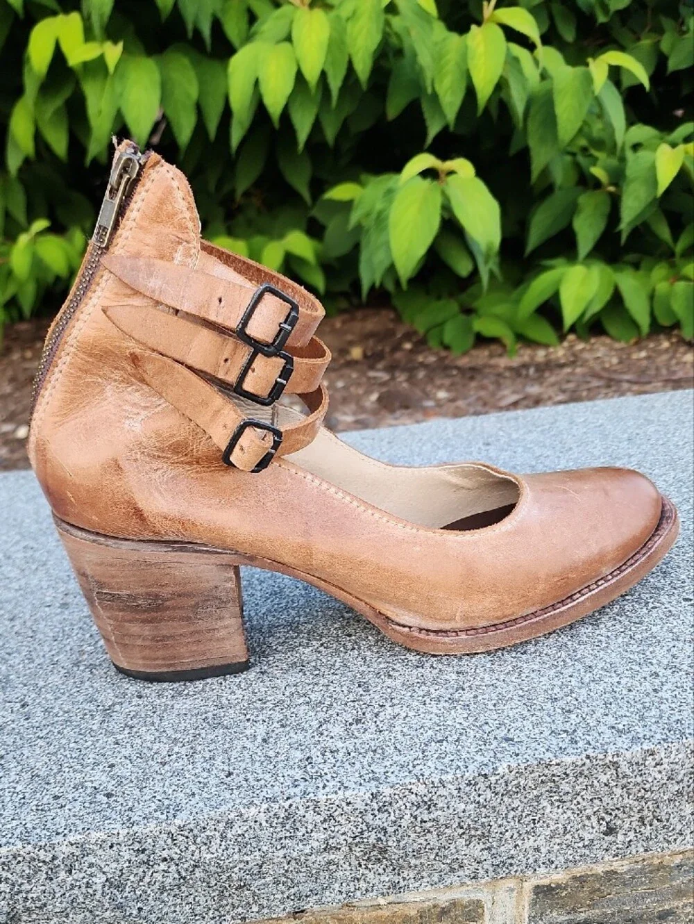 Freebird By Steven Randi Tan  Leather Block Closed Toe Pumps Triple Ankle Straps